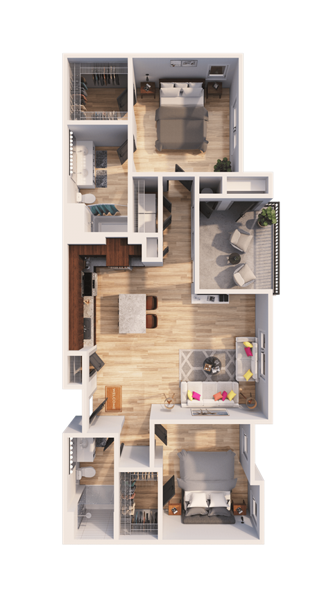 Floor plan for 2 beds, 2 baths, 985 sqft